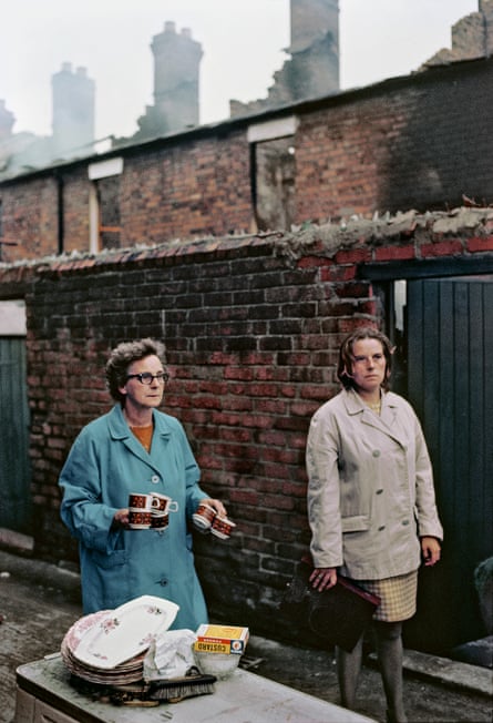 Local women standing near their burned-out homes, Bombay Street, west Belfast, 1969.